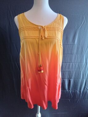 ONE WORLD Yellow to Coral Ombre Sleeveless Tie-Front Tunic